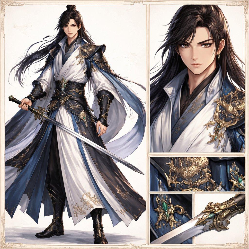 Elegant Wuxia Swordsman Design Sheet - AI image template preview