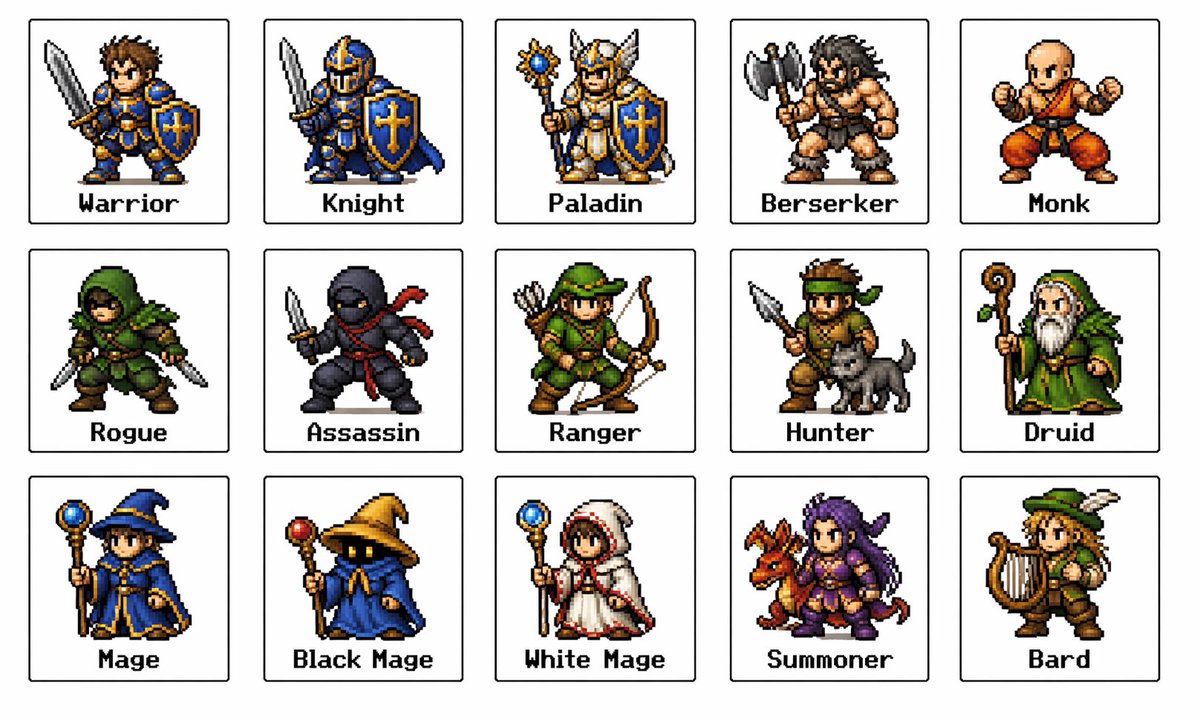 Retro Fantasy Class Sprite Grid - AI image template preview