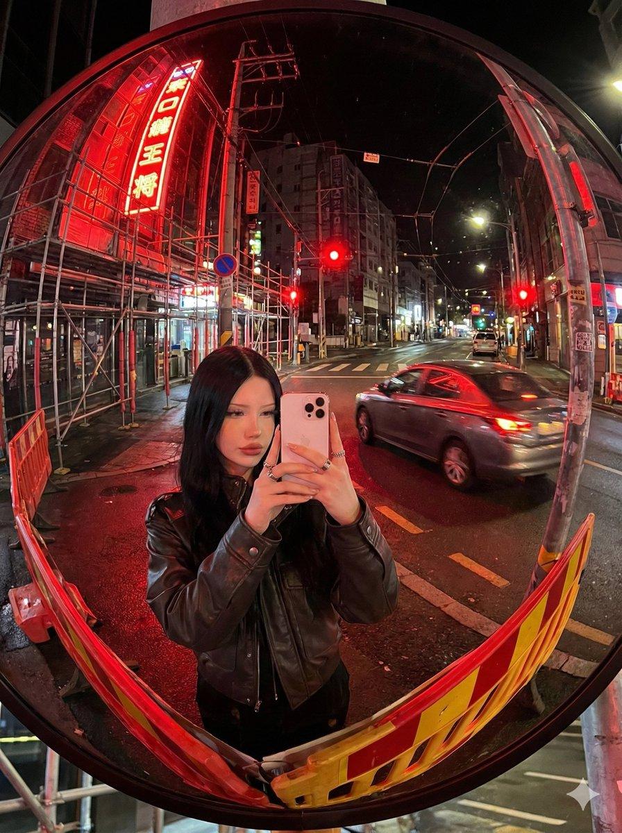 Convex Mirror Neon Street Selfie - AI image template preview
