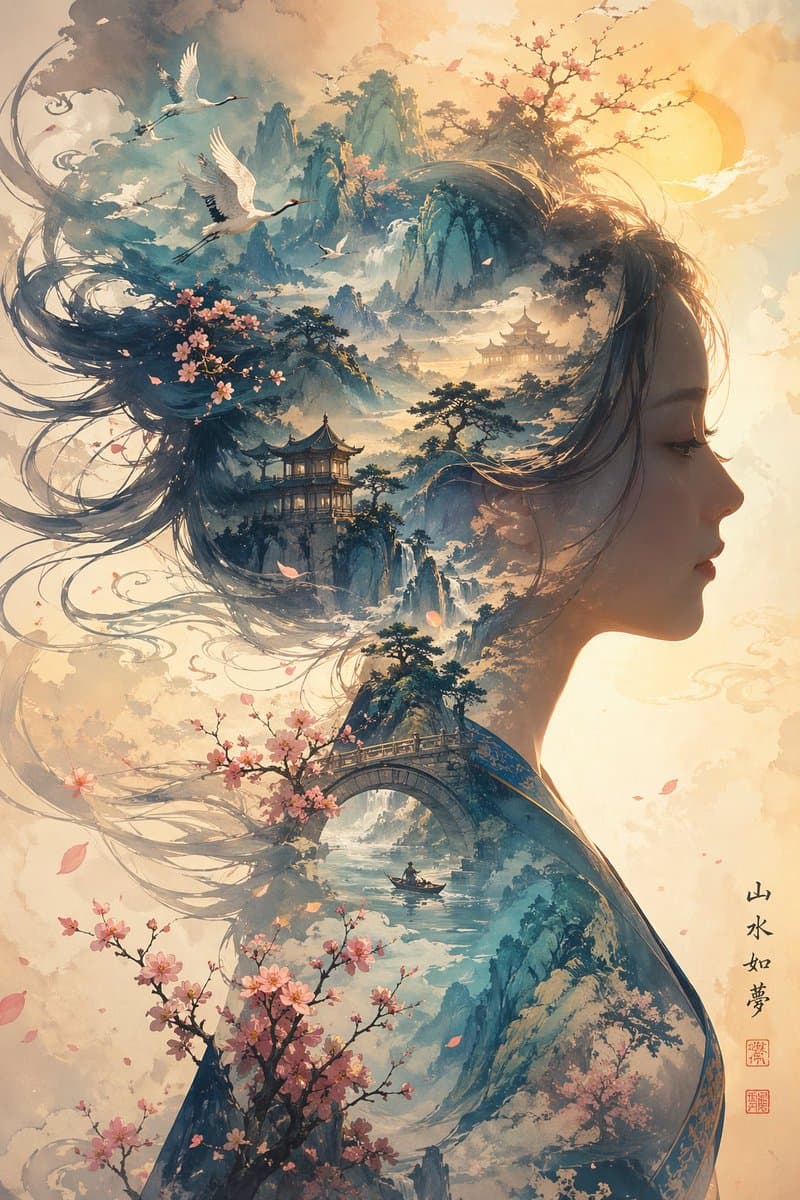 Dreamlike Shanshui Woman Silhouette - AI image template preview