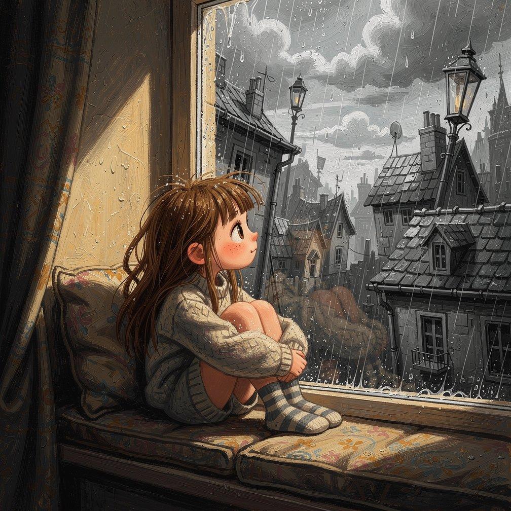 Girl on Window Seat in Rain - AI image template preview