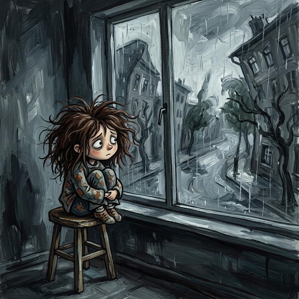 Sad Child by Rainy Window - AI image template preview