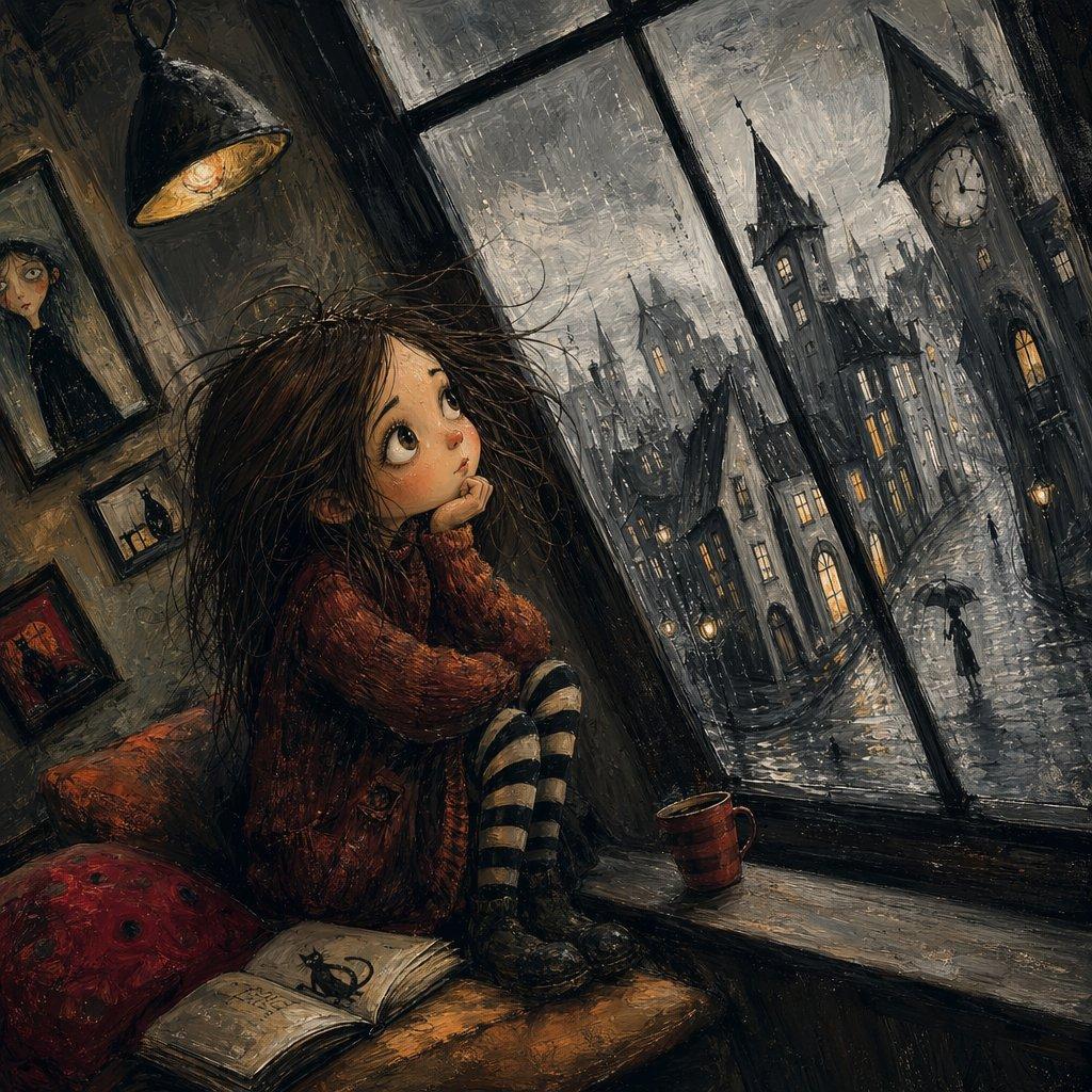 Gothic Girl at Rainy Window - AI image template preview