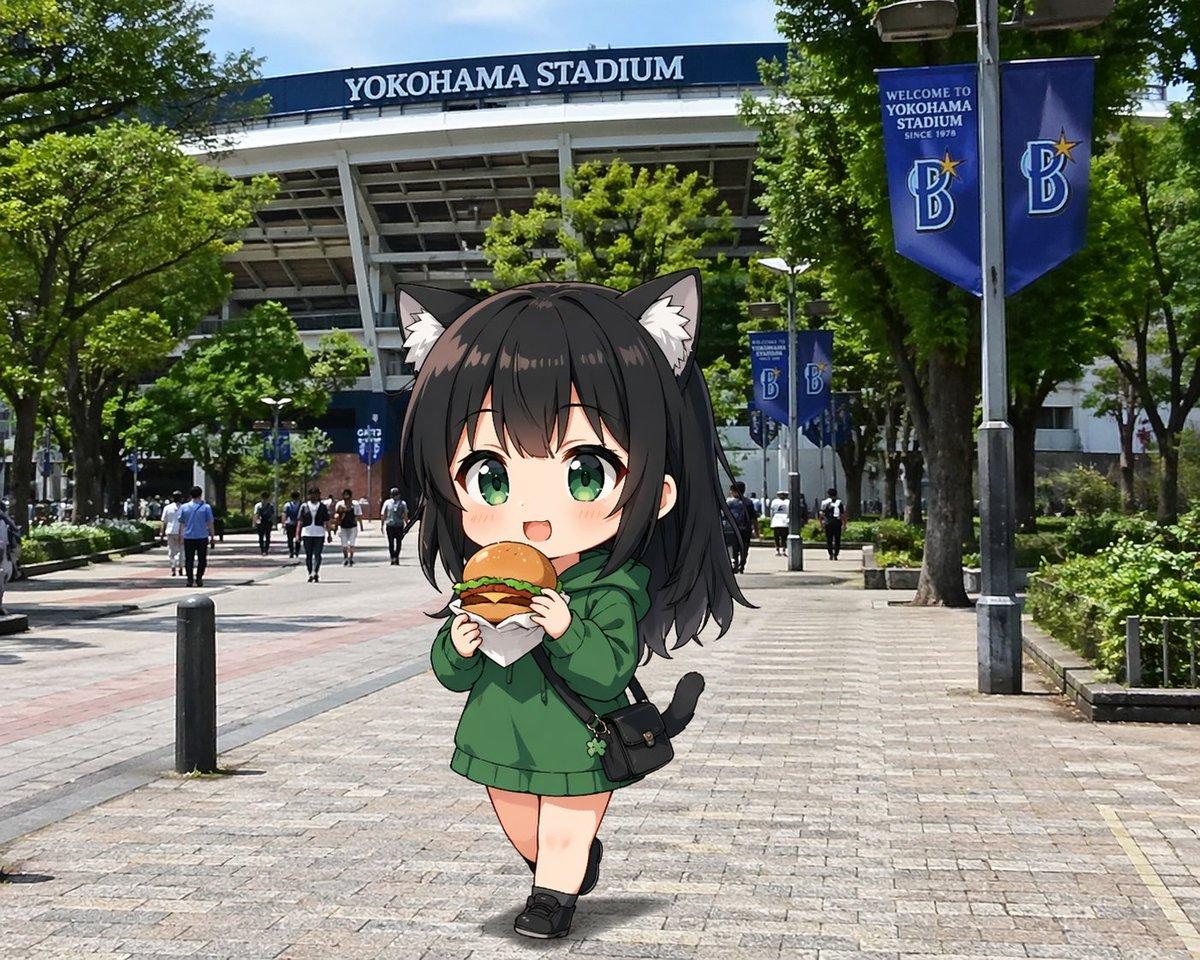 Chibi Catgirl at Yokohama Stadium - AI image template preview