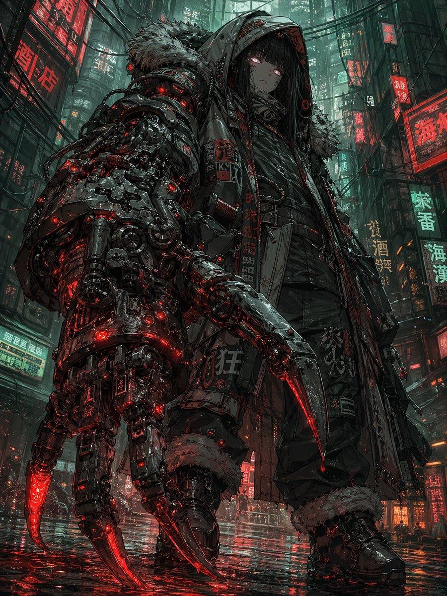 Cyberpunk Girl with Giant Claw Arm - AI image template preview