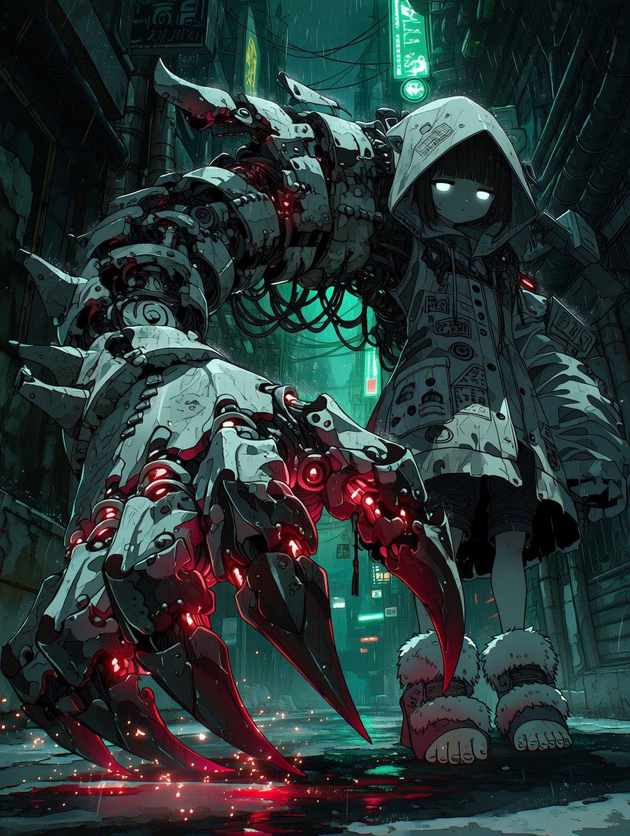 Cyberpunk Girl with Giant Mech Claw - AI image template preview