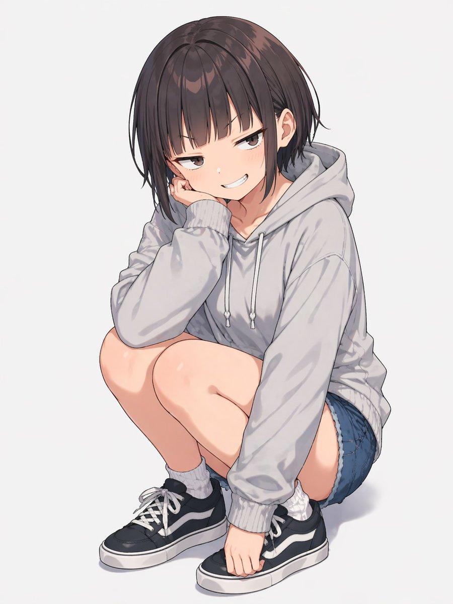 Anime Girl Squatting in Oversized Hoodie - AI image template preview