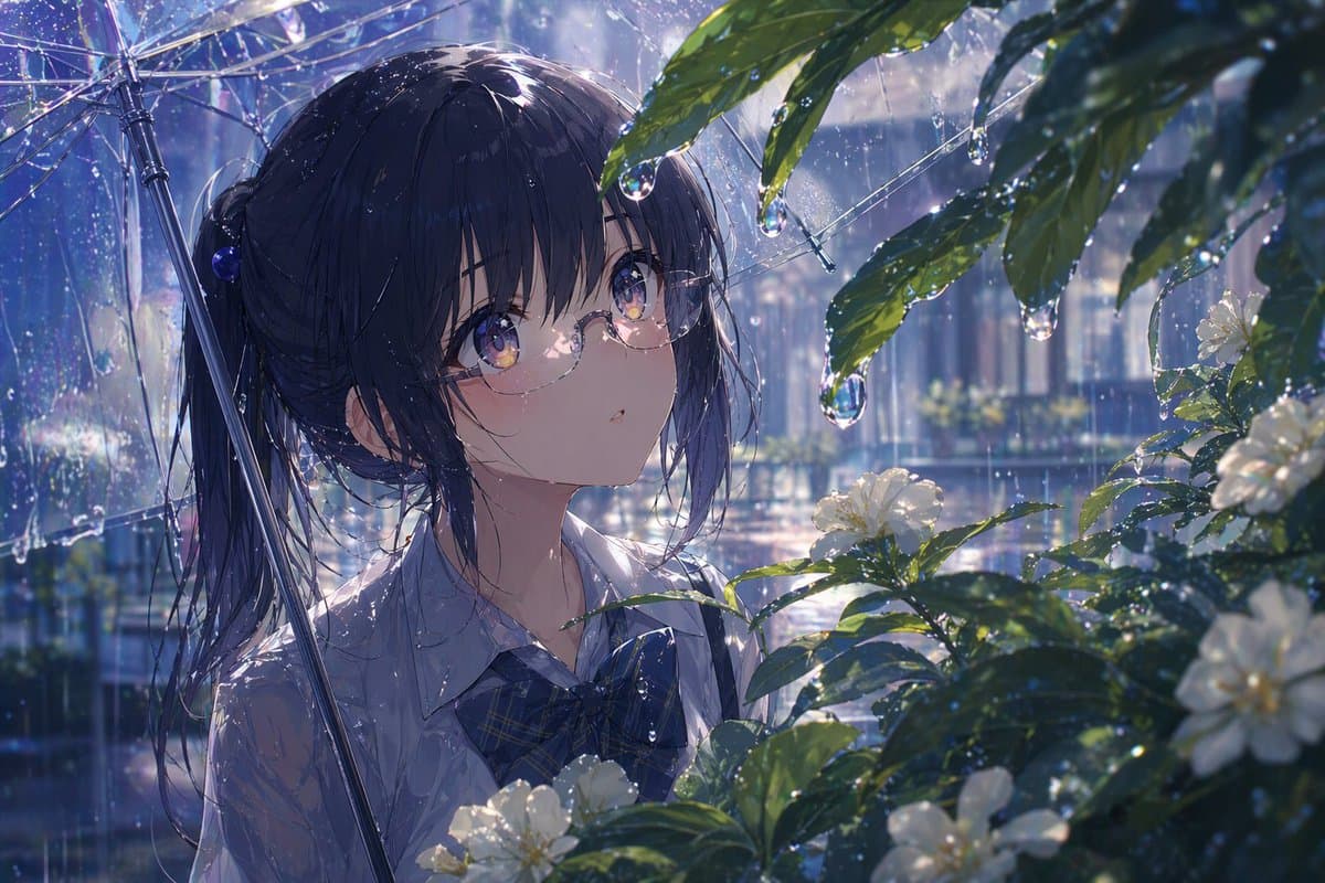 Anime Girl Under Umbrella in Rain - AI image template preview