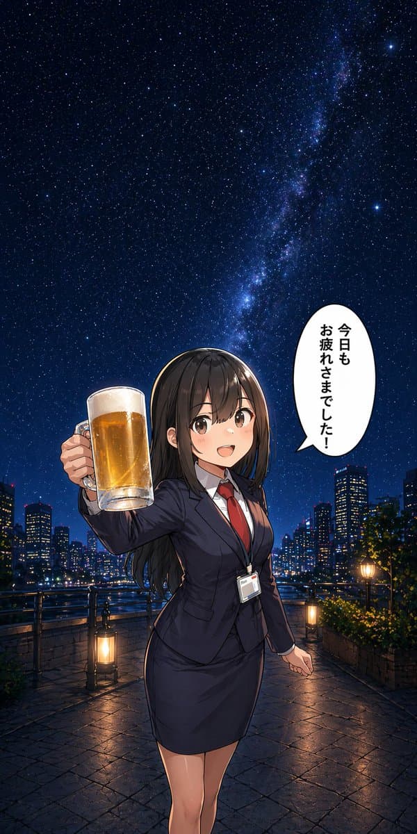Anime Office Lady Beer Toast at Night - AI image template preview