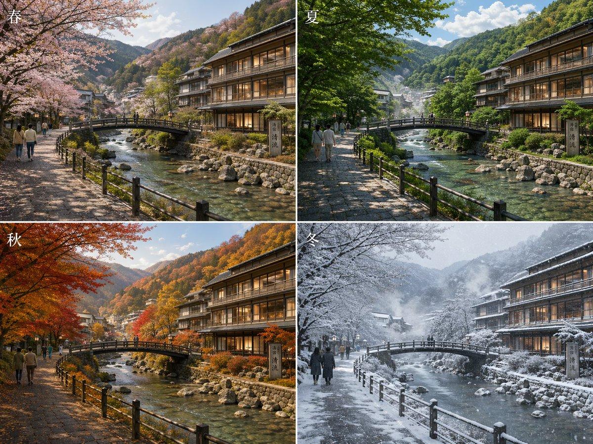 Japanese Onsen Town in Four Seasons - AI image template preview