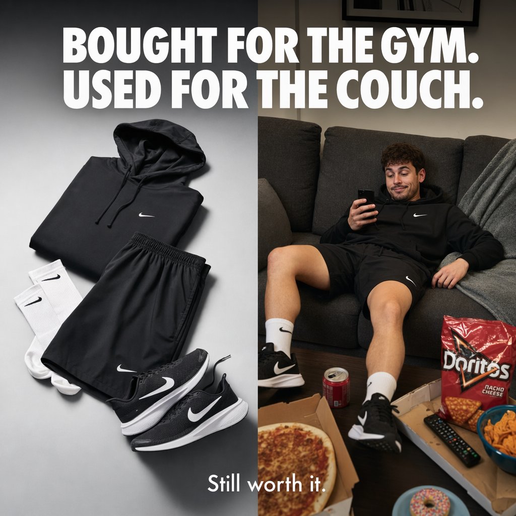 Split-Screen Athleisure Couch Ad - AI image template preview