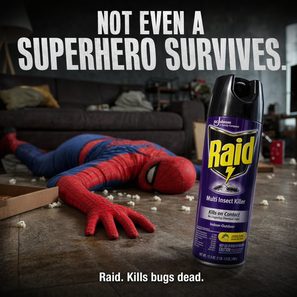 Dark Comedy Insect Spray Ad - AI image template preview