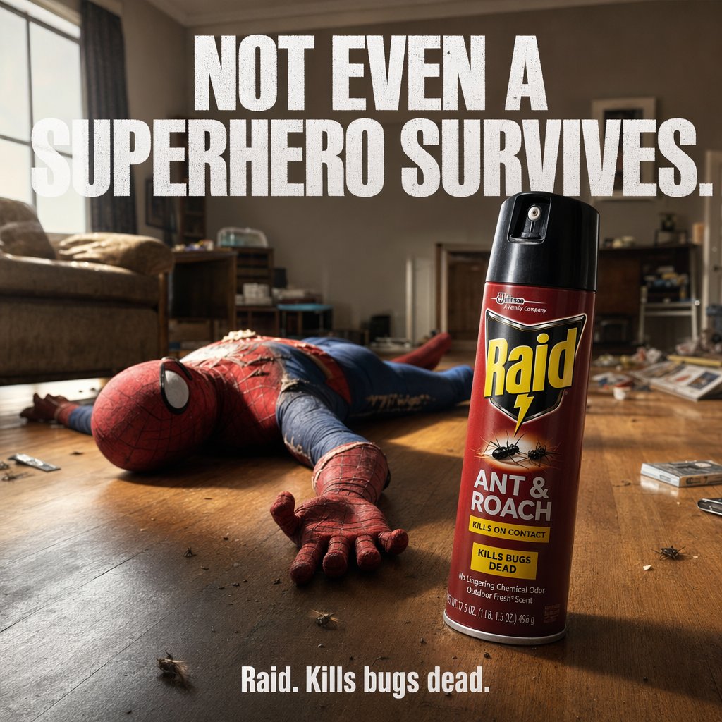 Darkly Comic Bug Spray Ad - AI image template preview
