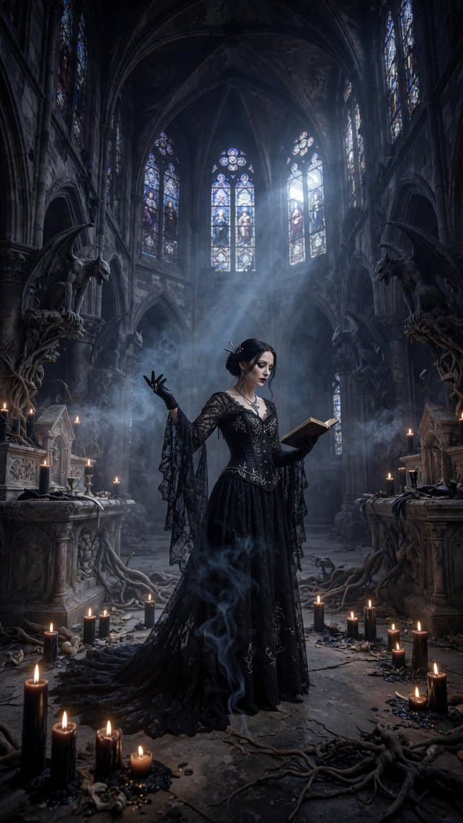 Gothic Sorceress in Ruined Cathedral - AI image template preview