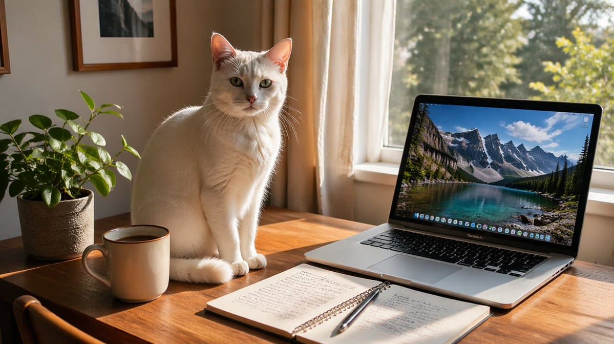 Sunlit Desk with White Cat and Laptop - AI image template preview