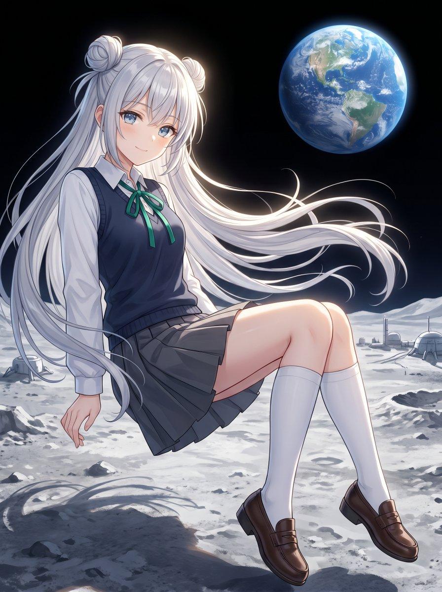 Anime Schoolgirl Floating on the Moon - AI image template preview