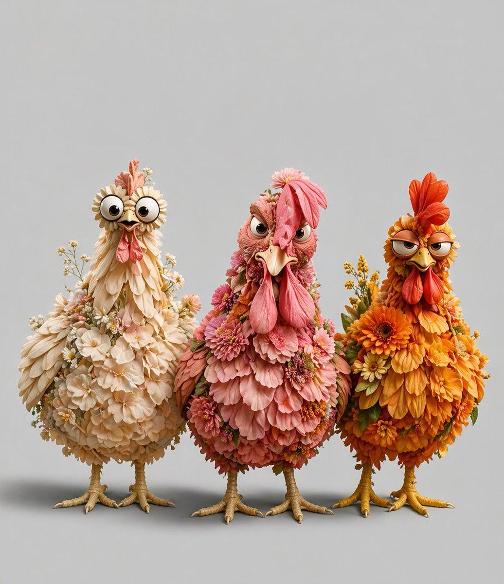Three Floral Chickens Portrait - AI image template preview