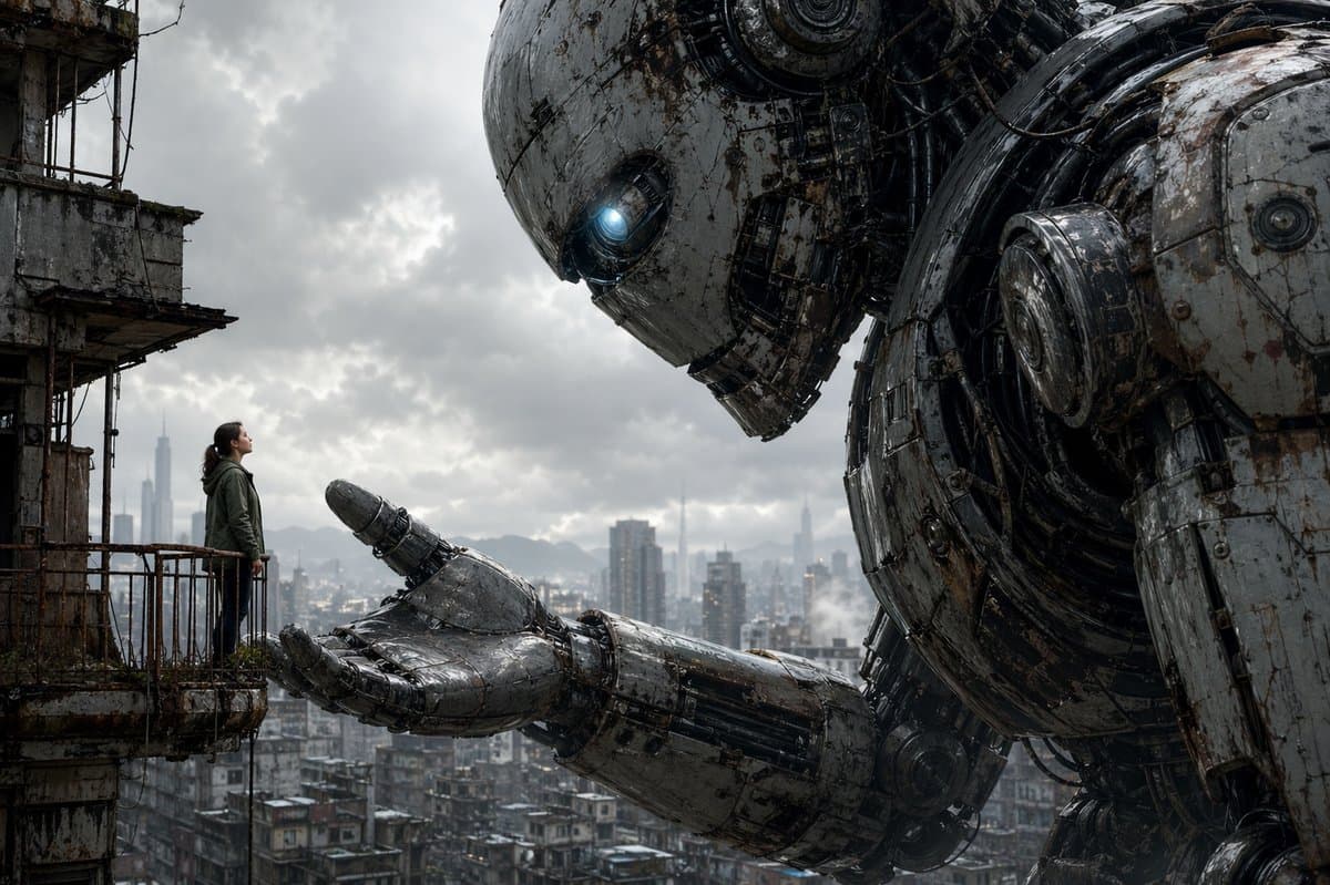Giant Robot Meets Woman on Balcony - AI image template preview