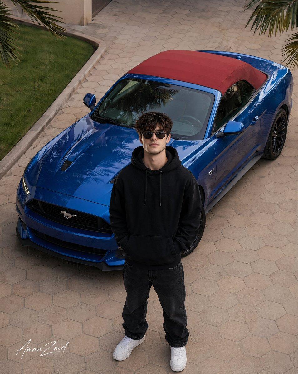 Cinematic portrait of a man with a Ford Mustang - AI image template preview