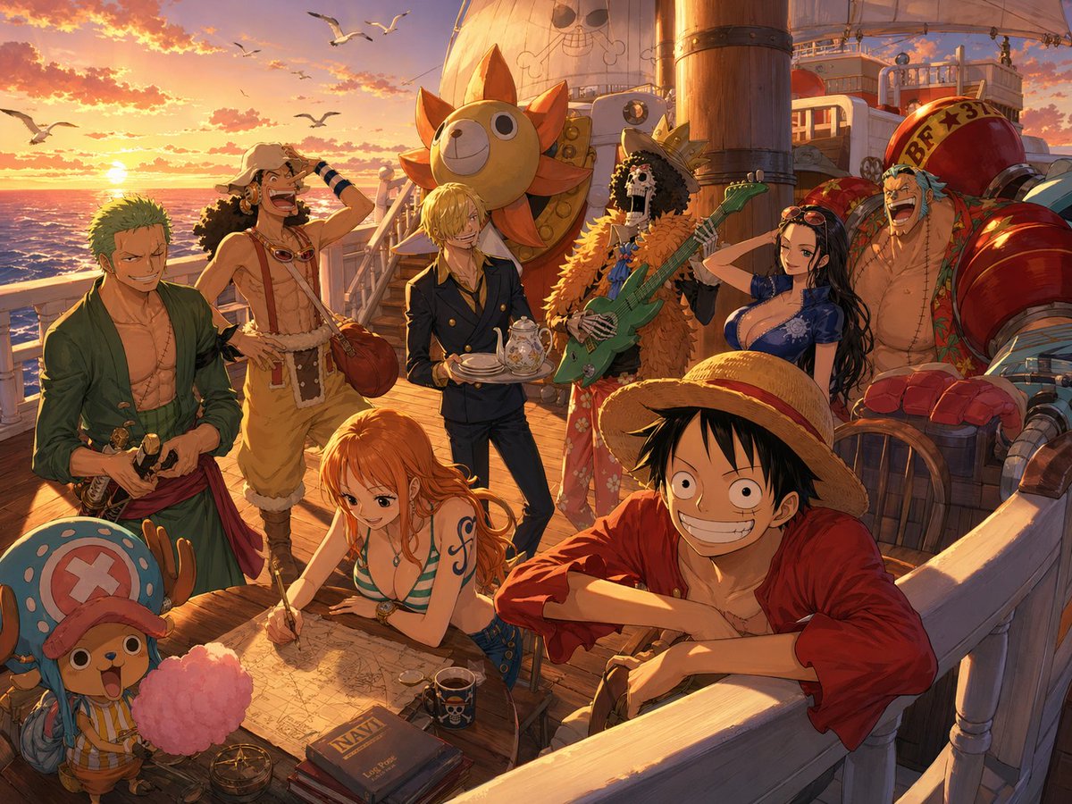 One Piece Straw Hat Crew at Sunset - AI image template preview