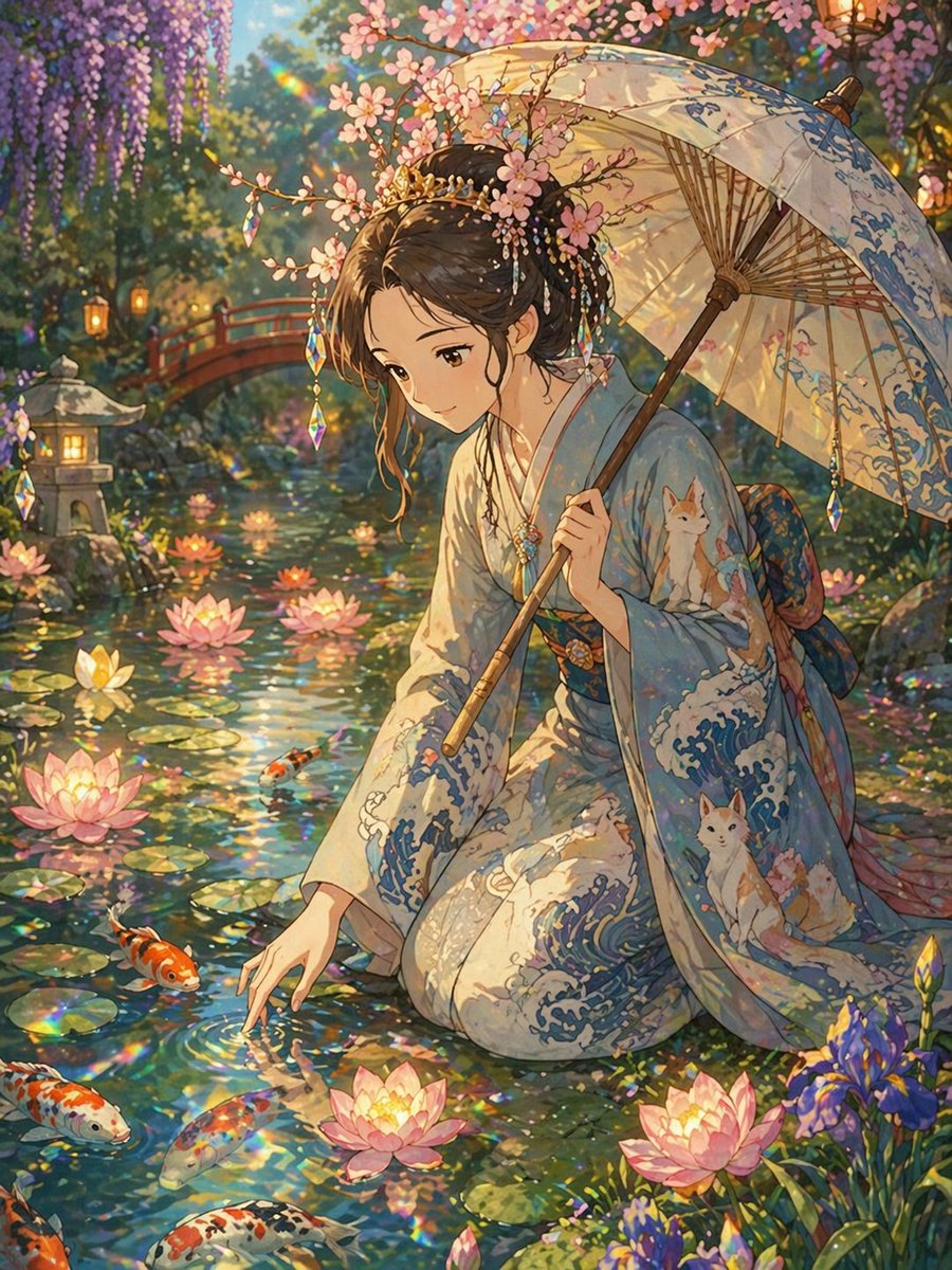 Ghibli Style Princess and Koi Pond - AI image template preview