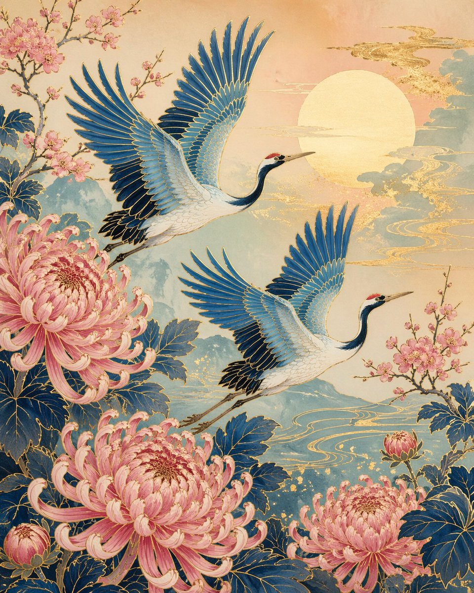 Japanese Crane and Chrysanthemum Art - AI image template preview