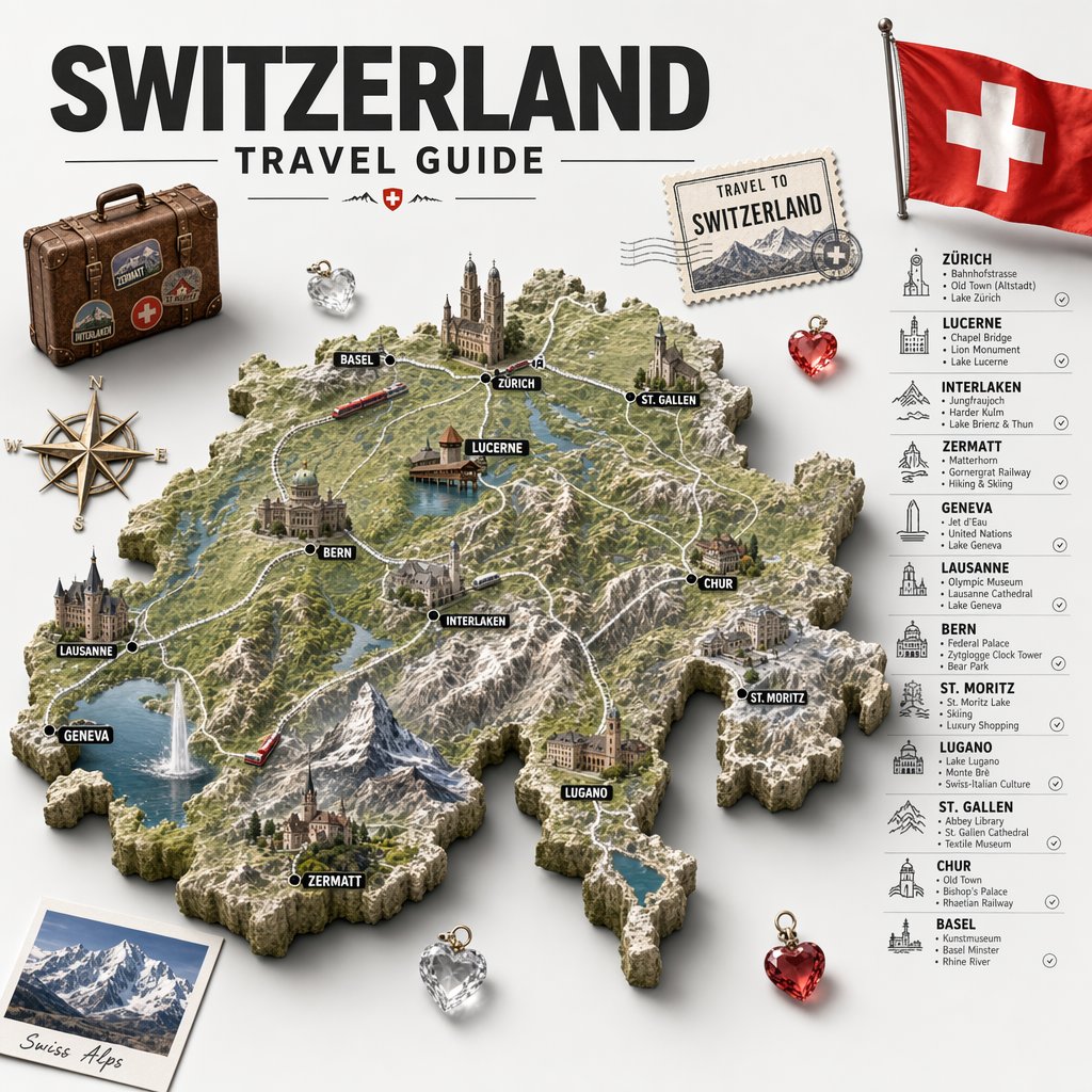 Swiss Travel Guide Relief Map Poster - AI image template preview