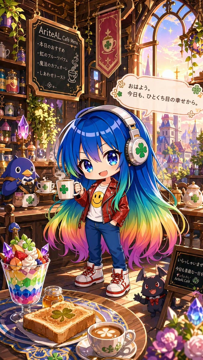 Magical Chibi Cafe Mascot at Sunrise - AI image template preview