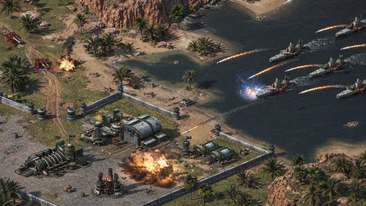 Isometric Coastal Base Under Naval Attack - AI image template preview