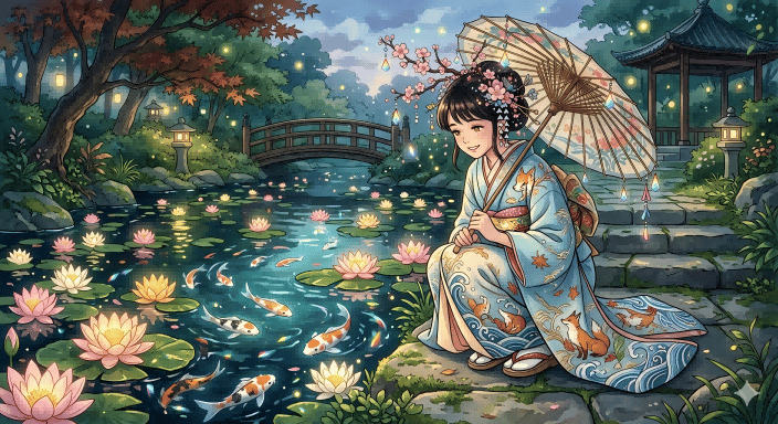 Dreamy Kimono Woman by a Koi Pond - AI image template preview