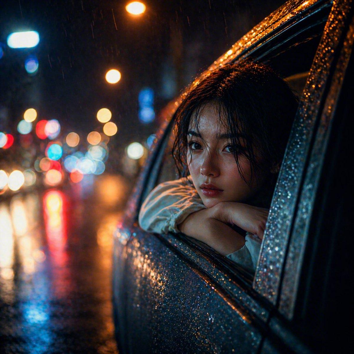 Rainy Night Woman Leaning from Car - AI image template preview