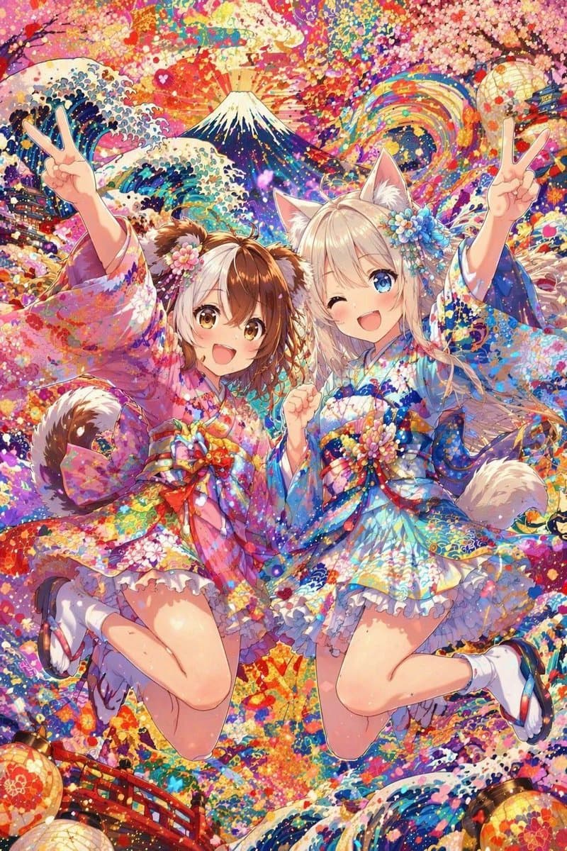 Colorful Kimono Kemonomimi Festival - AI image template preview