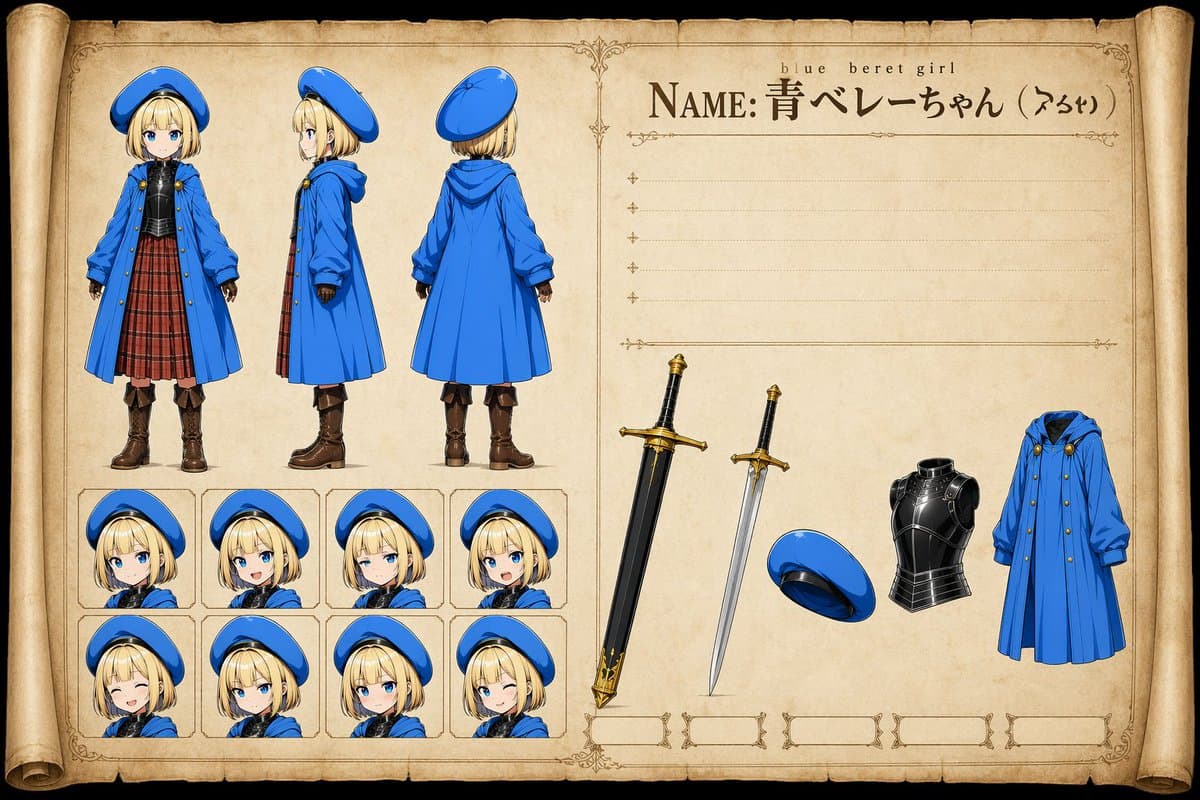 Blue Beret Girl Reference Sheet - AI image template preview
