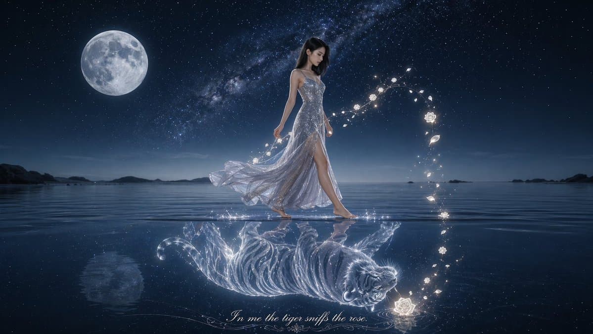 Moonlit Woman and Tiger Reflection - AI image template preview