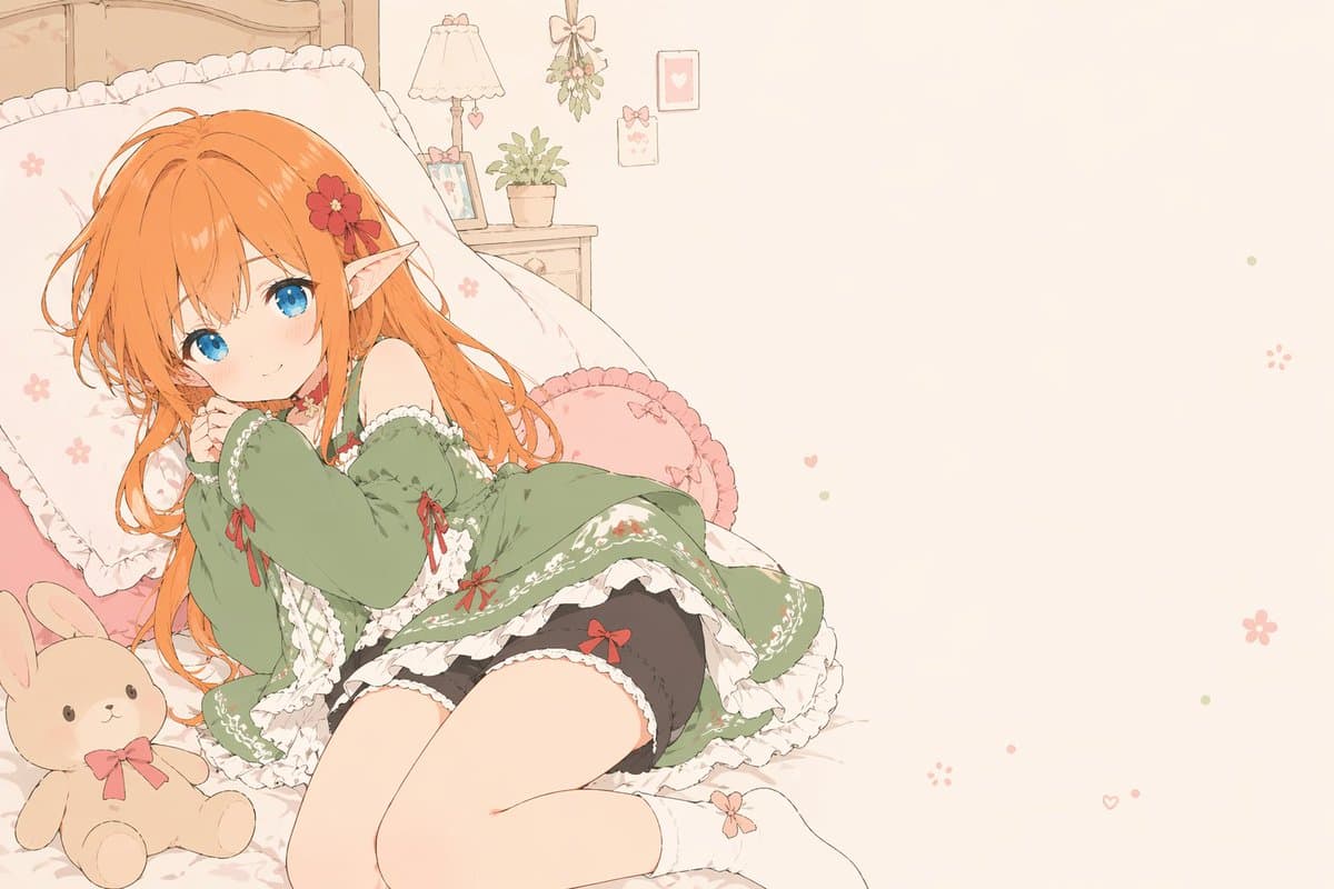 Flat-Color Elf Girl on Frilly Bed - AI image template preview