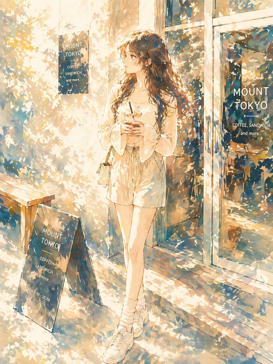 Sunlit Anime Girl Outside Cafe - AI image template preview