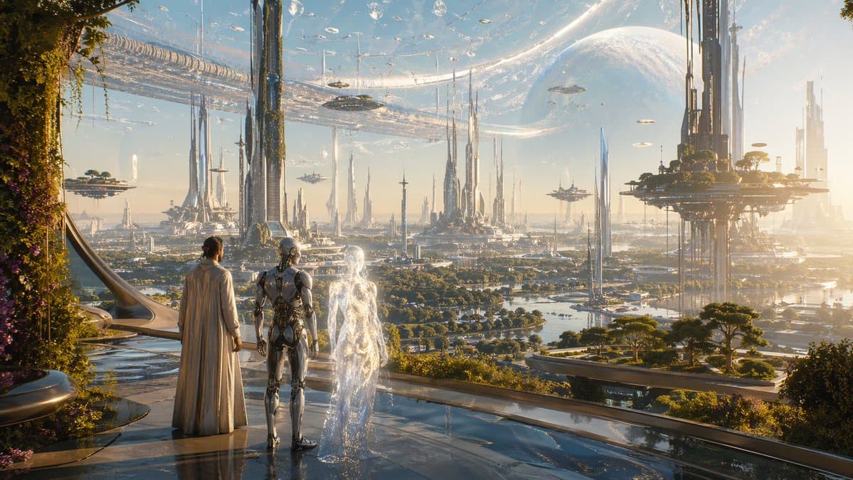Far Future City with Transparent Humanoid - AI image template preview