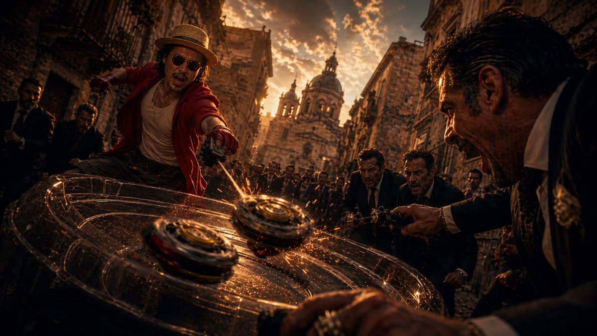 Cinematic Spinning Top Street Duel - AI image template preview