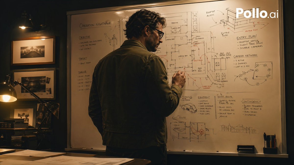Cinematic Heist Mastermind at Whiteboard - AI image template preview