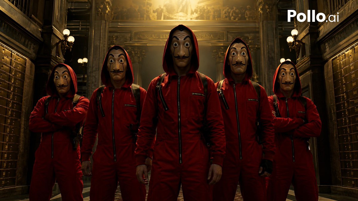 Cinematic Red Heist Team in Bank - AI image template preview