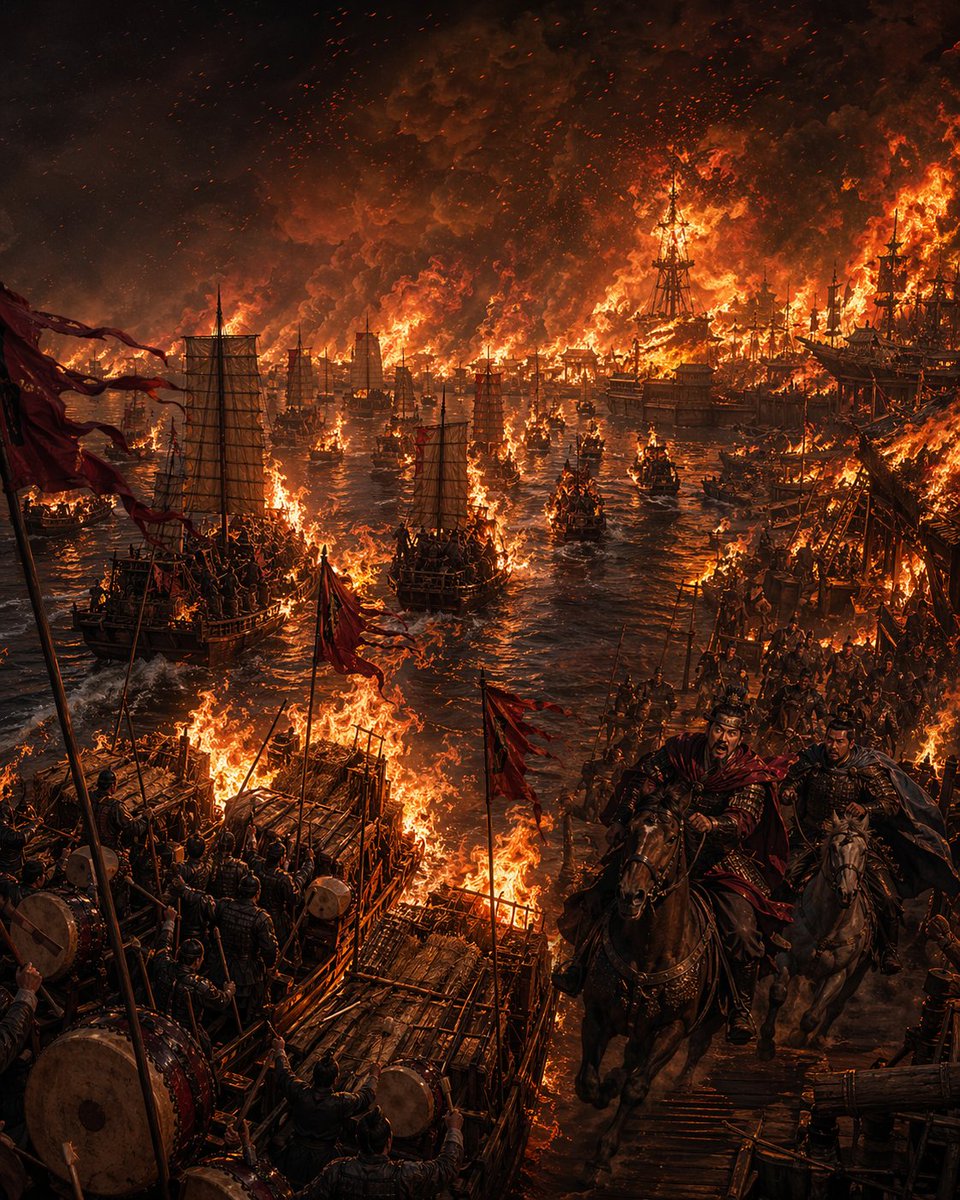 Burning Red Cliffs Night Battle - AI image template preview