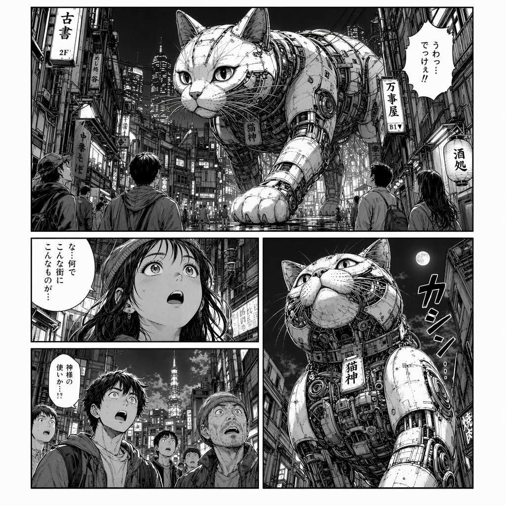 Cyberpunk Manga Page of a Giant Robot Cat - AI image template preview