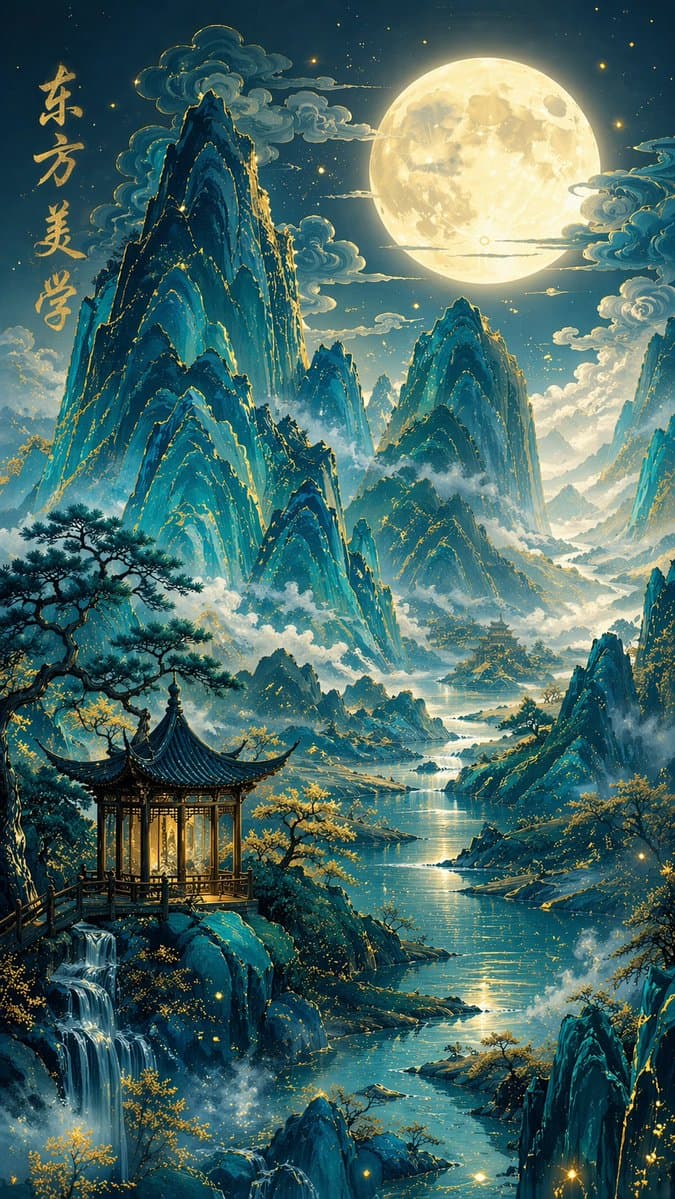 Traditional Chinese Blue-Green Landscape - AI image template preview