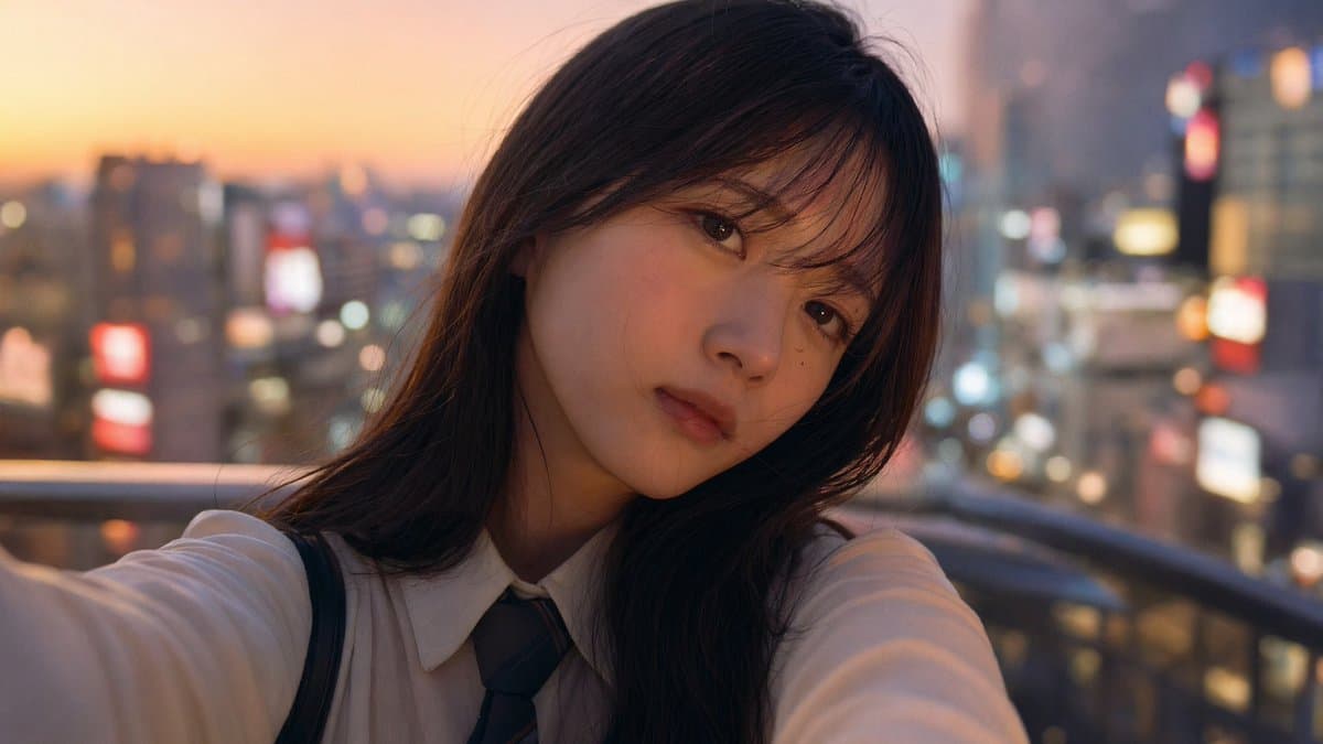 Emotional Japanese Student Selfie - AI image template preview