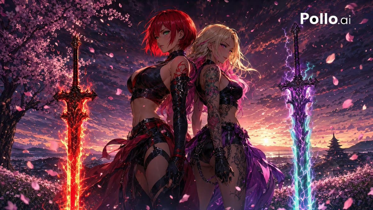 Back-to-Back Sirens in Sakura Dusk - AI image template preview