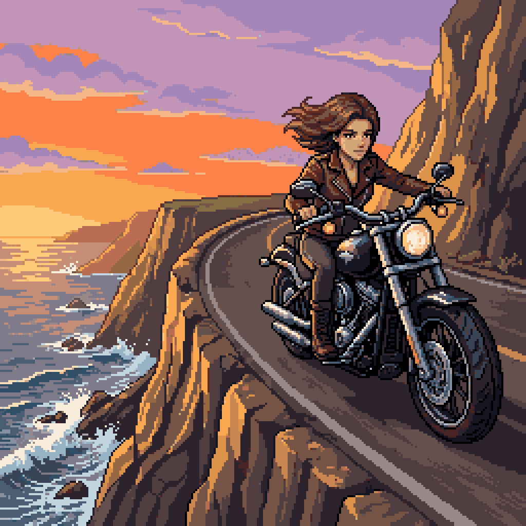 Woman Riding Motorcycle on Cliff Road - AI image template preview
