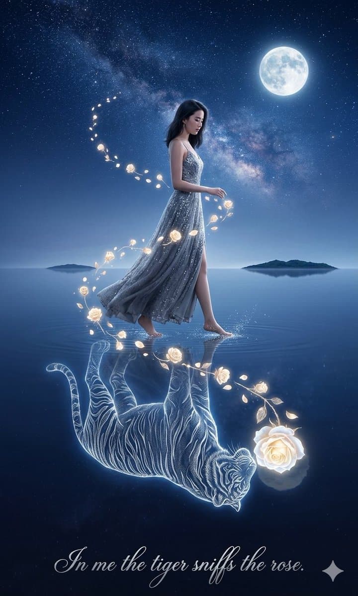 Moonlit Tiger and Rose Fantasy Poster - AI image template preview