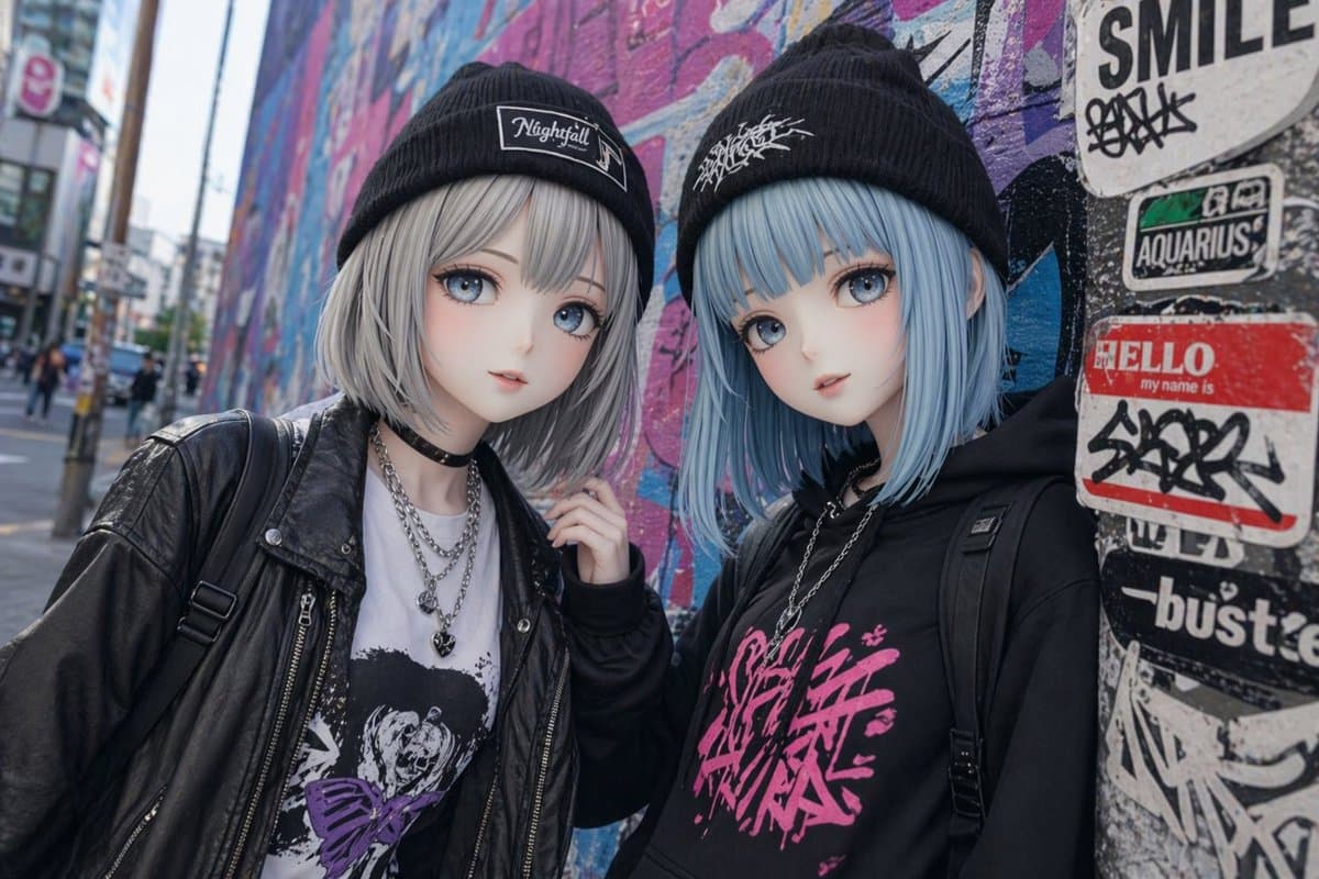 Kawaii Street Fashion Duo Portrait - AI image template preview