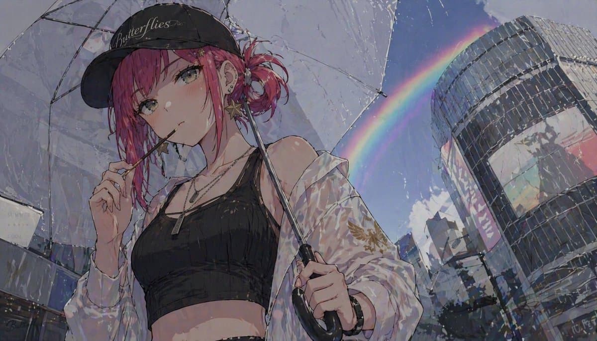 Anime Girl with Umbrella and Rainbow - AI image template preview
