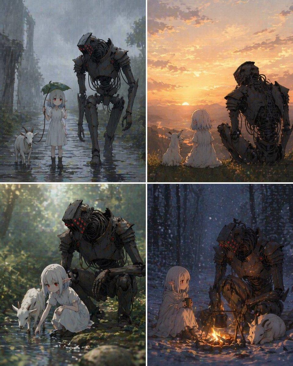 Four-Panel Girl, Robot, and Goat Story - AI image template preview